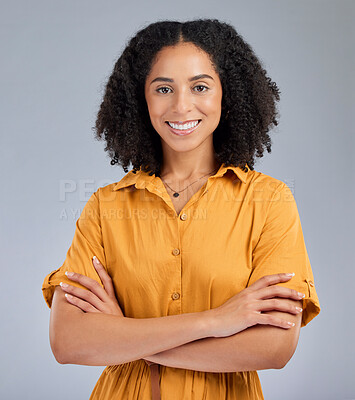Buy stock photo Happy, pride and portrait of a woman with arms crossed isolated on a studio background. Smile, proud and headshot of a corporate employee with confidence, success and happiness on a backdrop