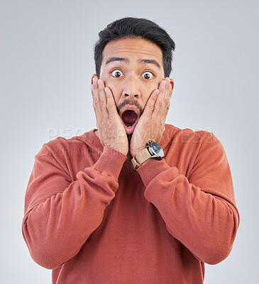 Buy stock photo Surprise, shock face and portrait of man on white background with emoji, comic and facial expression. Wow mockup, omg and isolated male in studio with shocking information, news or announcement