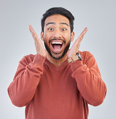 Buy stock photo Surprise, excited and portrait of man happy on white background with emoji, comic and facial expression. Wow mockup, omg and isolated male in studio with good news, celebration and winning success