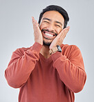 Happy, smile and face of man on a white background with emoji, comic and facial expression in studio. Wow mockup, omg surprise and isolated excited male with good news, success and winner reaction