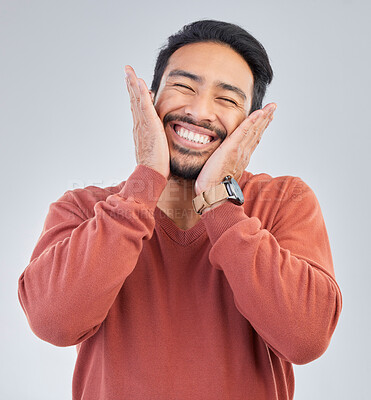 Buy stock photo Happy, smile and face of man on a white background with emoji, comic and facial expression in studio. Wow mockup, omg surprise and isolated excited male with good news, success and winner reaction