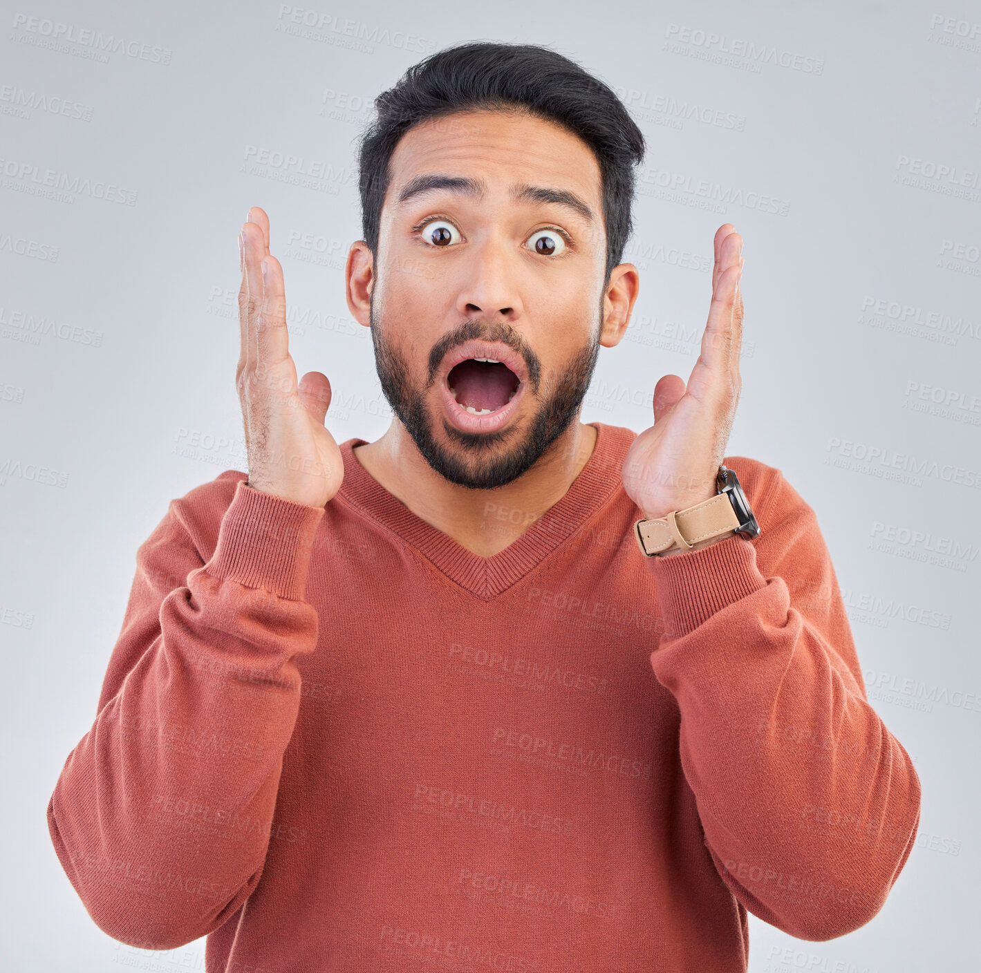 Buy stock photo Surprise, shock face and portrait of man on white background with emoji, comic and facial expression. Wow mockup, omg and isolated male in studio with shocking information, news or announcement