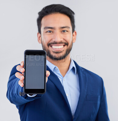 Buy stock photo Hands, phone screen and business man in studio closeup for communication, mockup or portrait by background. Businessman, smartphone and texting on blank ux, tech or social media for chat, data and ui