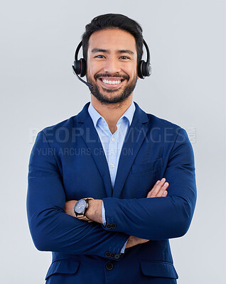 Buy stock photo Call center, customer service and portrait of man with smile for communication, consulting and crm network. Contact us, support mockup and happy male consultant in studio for help, service and sales