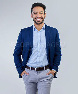 Buy stock photo Business man, smile and fashion portrait in studio as corporate worker or CEO while happy. Face of asian entrepreneur person on isolated white background with pride, success and hands in pocket