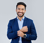 Business style, happy and portrait of man in studio for corporate or CEO fashion with smile. Face of asian entrepreneur person on isolated white background with pride for luxury, success and wealth
