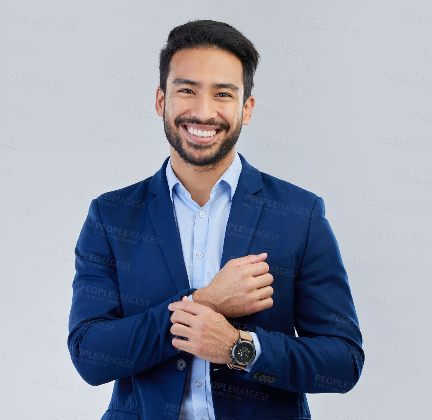 Buy stock photo Business style, happy and portrait of man in studio for corporate or CEO fashion with smile. Face of asian entrepreneur person on isolated white background with pride for luxury, success and wealth