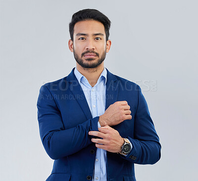 Buy stock photo Business man, serious and style portrait in studio for corporate or CEO fashion. Face of asian entrepreneur person on isolated white background with pride for luxury, success and wealth motivation