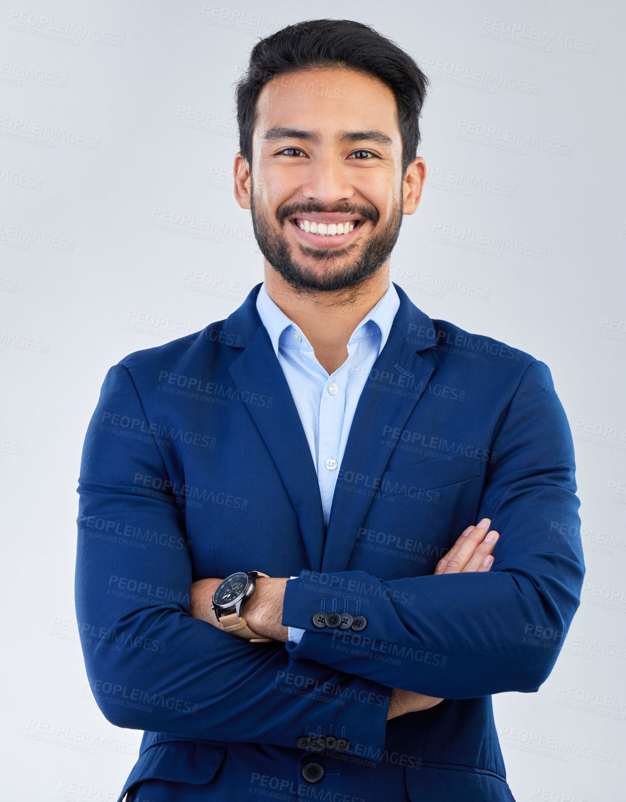 Buy stock photo Business man, smile and arms crossed portrait in studio for corporate or CEO fashion while happy. Face of asian entrepreneur person isolated white background with pride for luxury, success and wealth