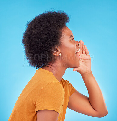 Buy stock photo Shout, news and profile of black woman on blue background for announcement, message and alert. Communication, information and girl screaming with hand gesture for opinion, voice and loud in studio