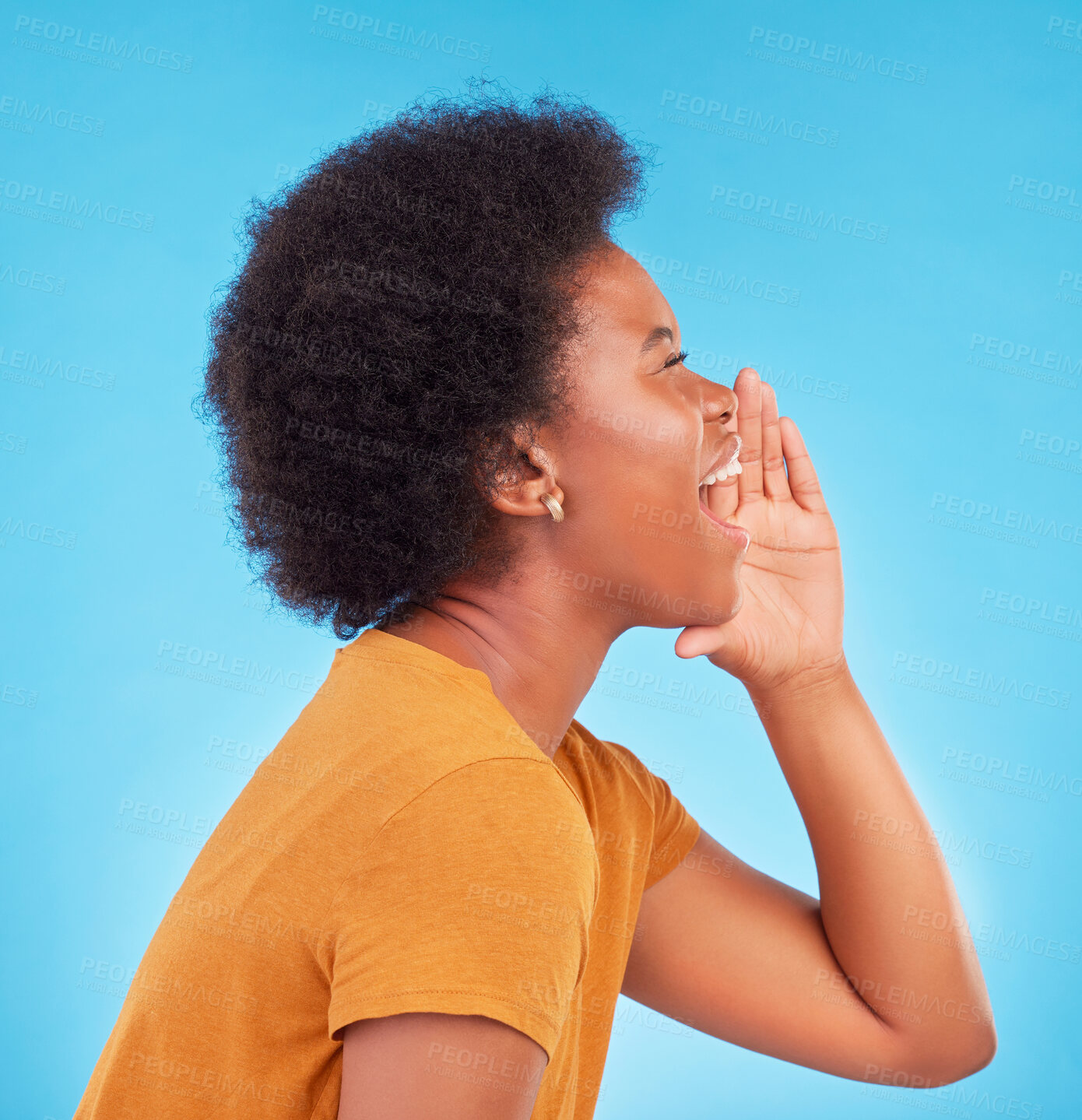 Buy stock photo Shout, news and profile of black woman on blue background for announcement, message and alert. Communication, information and girl screaming with hand gesture for opinion, voice and loud in studio