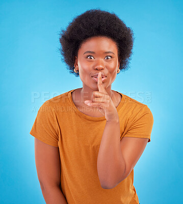 Buy stock photo Secret, portrait and black woman with finger on lips in studio, background and privacy of drama news. Excited model, silence and shush on mouth, quiet emoji or whisper gossip of confidential surprise