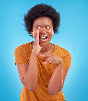Buy stock photo Black woman, drama and secret gossip in studio, sharing exciting confidential news on blue background. Deal announcement, whisper and happy African girl with afro, discussion isolated in privacy.