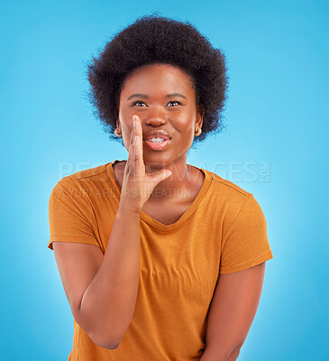 Buy stock photo Black woman, privacy and gossip in studio, sharing exciting news or confidential drama on blue background. Deal announcement, whisper and happy African girl with afro, discussion isolated in secret.