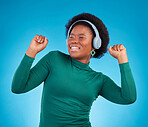 Dance, music and headphones with black woman in studio for streaming, audio and relax. Online radio, technology and listening with female isolated on blue background for hip hop and subscription