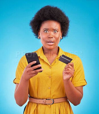 Buy stock photo Black woman, phone and credit card with shock, portrait and wow face in studio by blue background. Surprise girl, african or smartphone on online shopping app, e commerce store or amazed for discount