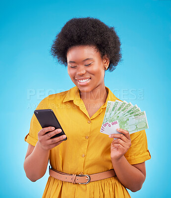 Buy stock photo Black woman, phone and money fan with smile, winning and finance goal in studio by blue background. Girl, smartphone and cash in hand from online casino, gambling or esports app on social media chat