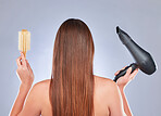 Hairbrush, model hair and back of a woman with beauty and wellness tools for soft hairstyle texture. Balayage, shampoo and keratin of a female with healthy, clean and color shine from salon in studio