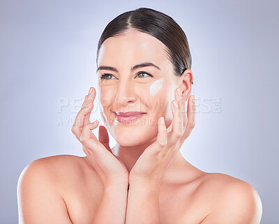Buy stock photo Happy beauty, face and woman with cream product for luxury makeup, facial cosmetics or female acne protection. Studio dermatology, collagen hydration and skincare person isolated on grey background