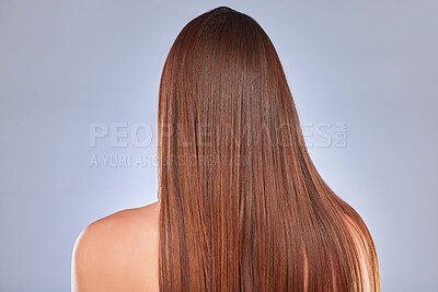 Buy stock photo Hair, model and back of a woman with beauty, wellness and soft hairstyle texture in a studio. Cosmetics, shampoo treatment and keratin of a female with healthy, clean and haircare shine from salon