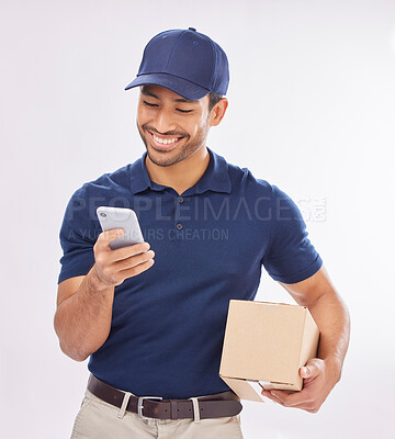 Buy stock photo Delivery man, package and smile with phone and box, ecommerce and shipping isolated on white background. Communication, fintech and digital invoice, happy male in studio with logistics and service