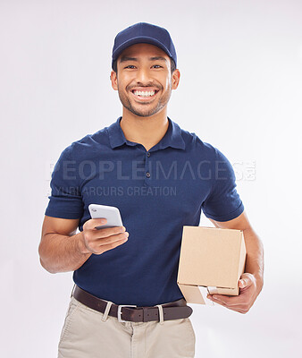 Buy stock photo Delivery man, package and portrait, smile with smartphone and box, ecommerce and shipping isolated on white background. Communication, technology and logistics, male in studio with commercial service