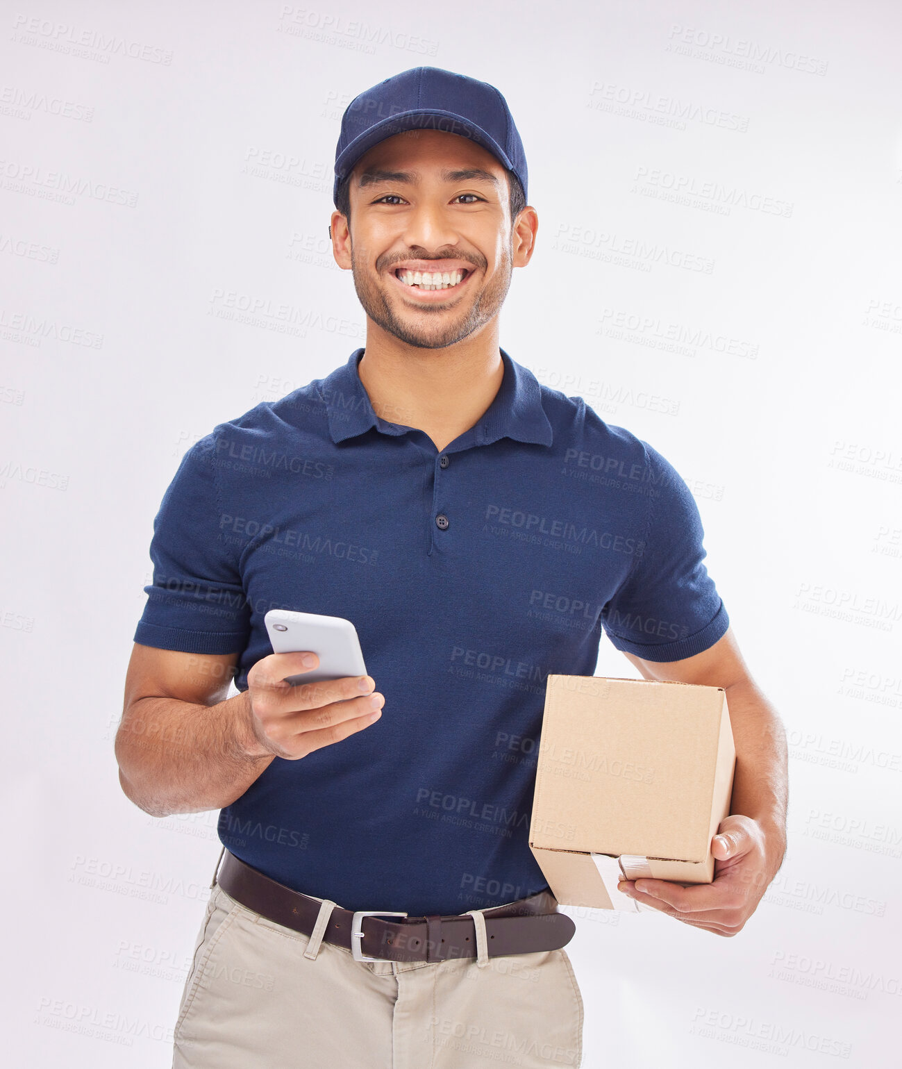 Buy stock photo Delivery man, package and portrait, smile with smartphone and box, ecommerce and shipping isolated on white background. Communication, technology and logistics, male in studio with commercial service