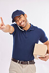 Phone call, delivery smile and Asian man with box in studio isolated on a white background. Shipping, logistics and happy male courier with package and cellphone for ecommerce, talking or chatting