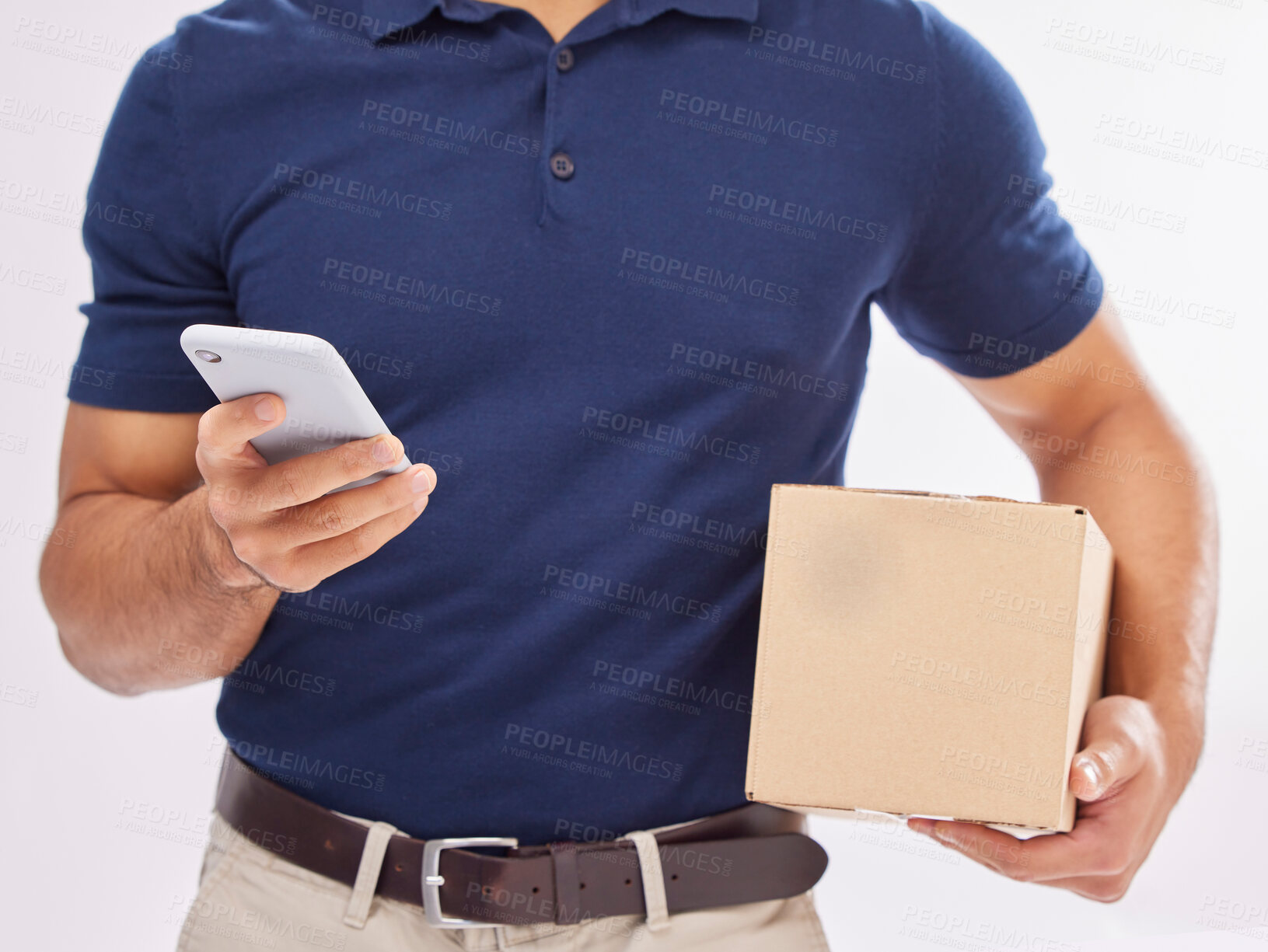 Buy stock photo Delivery man with package in hands, phone and box, ecommerce and shipping isolated on white background. Communication, fintech and zoom, digital invoice and male in studio with commercial service