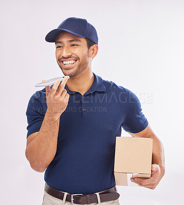 Buy stock photo Courier, delivery and Asian man with box, phone call and success against studio background. Male employee, employee and worker with package, parcel and smartphone for conversation, shipping and smile