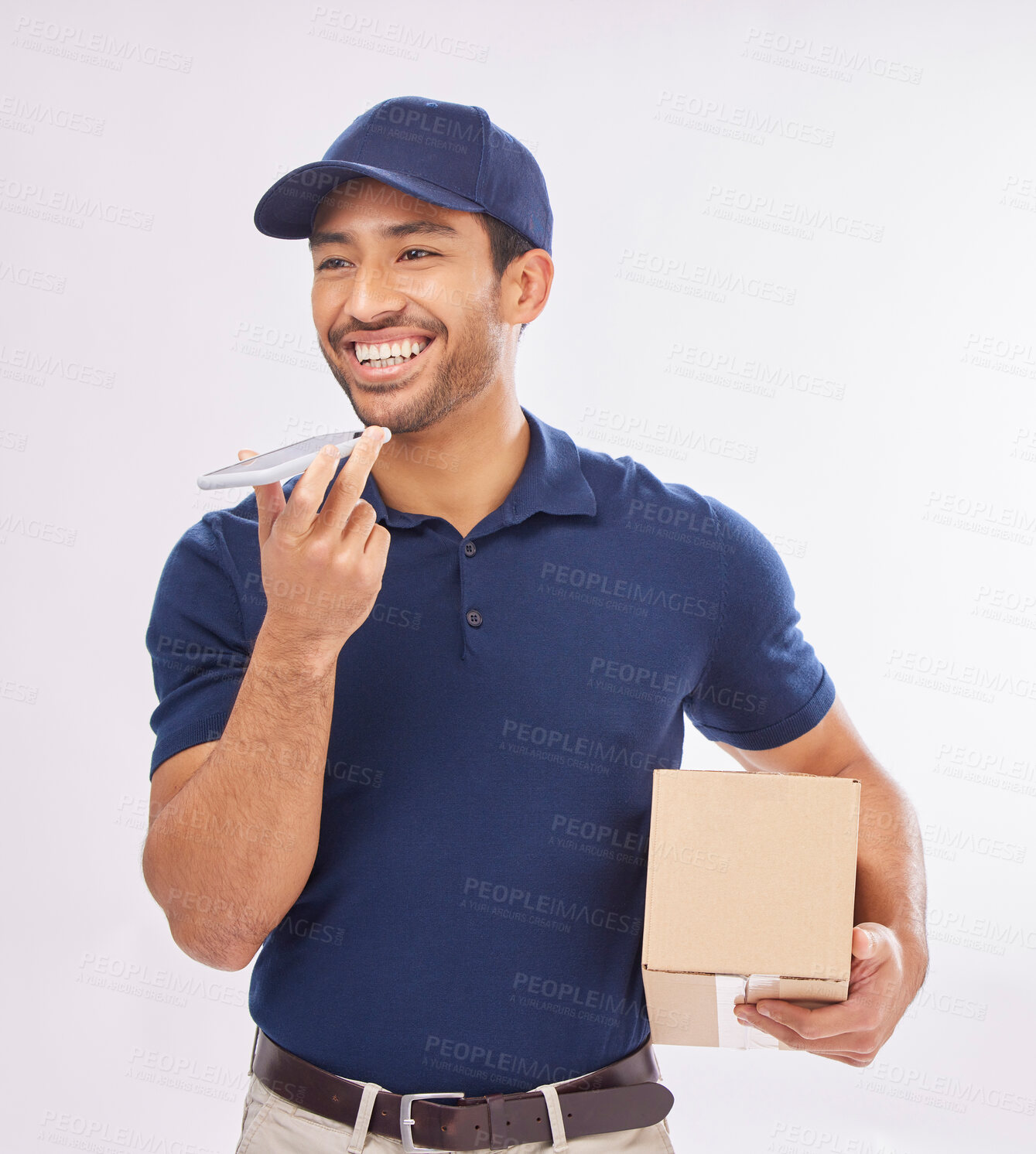 Buy stock photo Courier, delivery and Asian man with box, phone call and success against studio background. Male employee, employee and worker with package, parcel and smartphone for conversation, shipping and smile