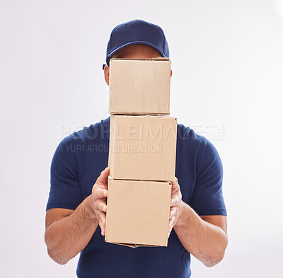 Buy stock photo Delivery guy package, shipping boxes and export employee in studio with courier service. Box, supply chain and parcel logistics of a worker with distribution, online shopping and mail services