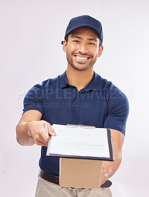 Buy stock photo Delivery man, box in portrait and happy, clipboard for signature and package, shipping isolated on white background. Paper invoice, customer to sign and male smile in studio with commercial service