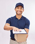 Delivery man, box in portrait and smile, clipboard for signature and package, shipping isolated on white background. Paper invoice, customer to sign and happy male in studio with commercial service