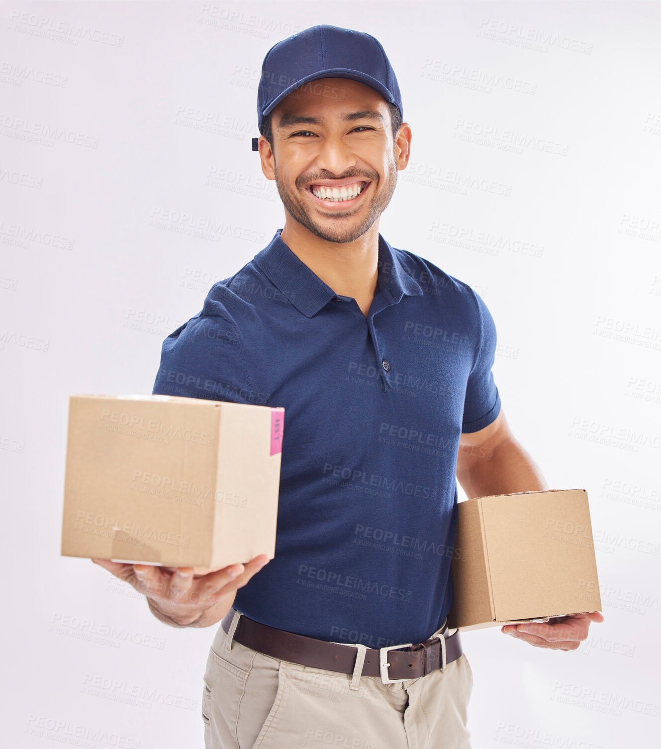 Buy stock photo Delivery man smile, shipping box and portrait of a employee in studio with courier service. Boxes, supply chain and happiness of a export worker with distribution, online shopping and mail services