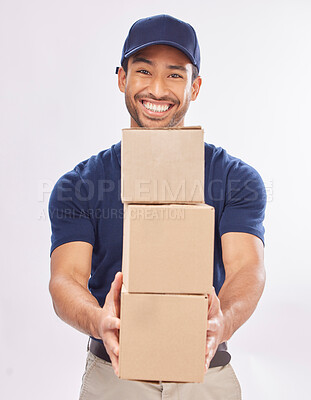 Buy stock photo Delivery man, shipping boxes and portrait of a employee in studio with courier service and a smile. Box, supply chain and happiness of a worker with distribution, online shopping and mail services