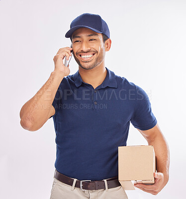 Buy stock photo Phone call, delivery man and courier happy to deliver package as ecommerce talking on a mobile conversation. Shipping, excited and employee or person with parcel using cellphone app for communication