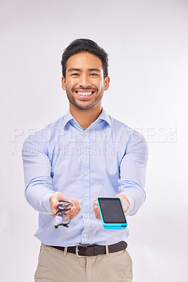 Buy stock photo Glasses, payment machine and portrait of a man holding frame design with a smile. Retail worker, optometrist and eyewear of a model ready for selling and qr code scan in a studio with white background