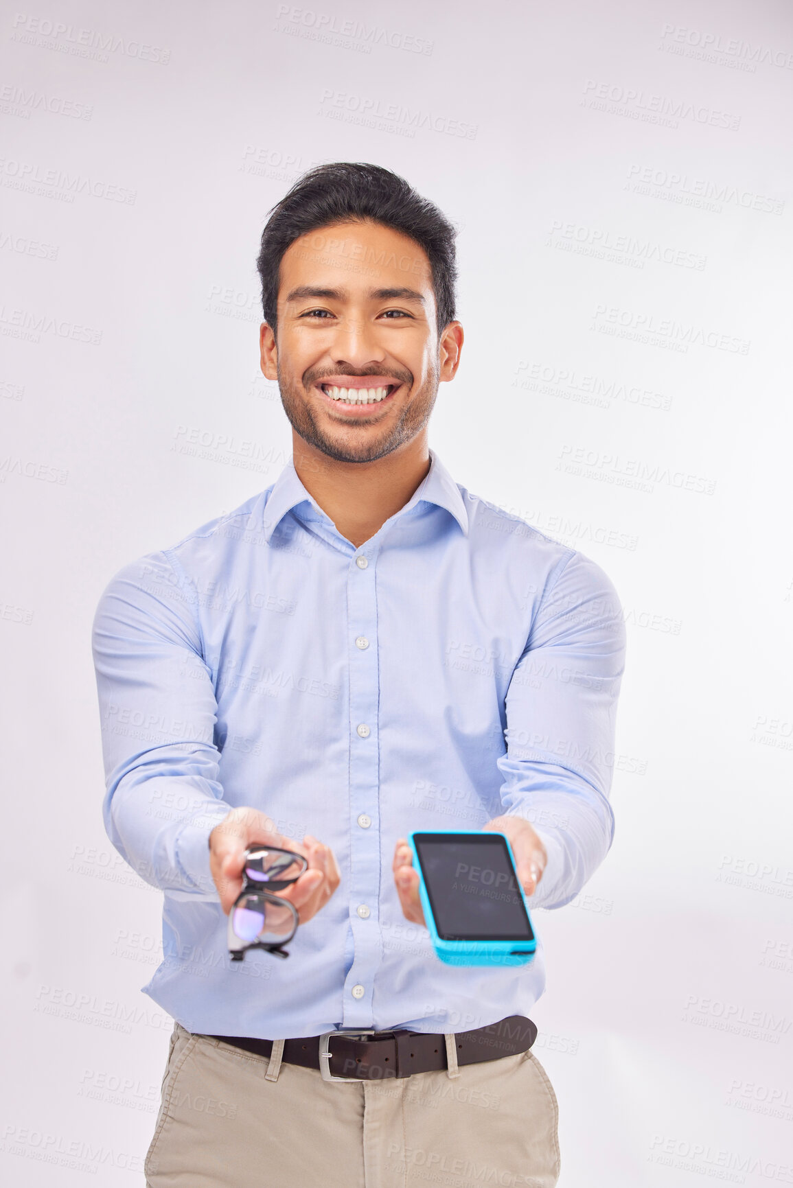 Buy stock photo Glasses, payment machine and portrait of a man holding frame design with a smile. Retail worker, optometrist and eyewear of a model ready for selling and qr code scan in a studio with white background