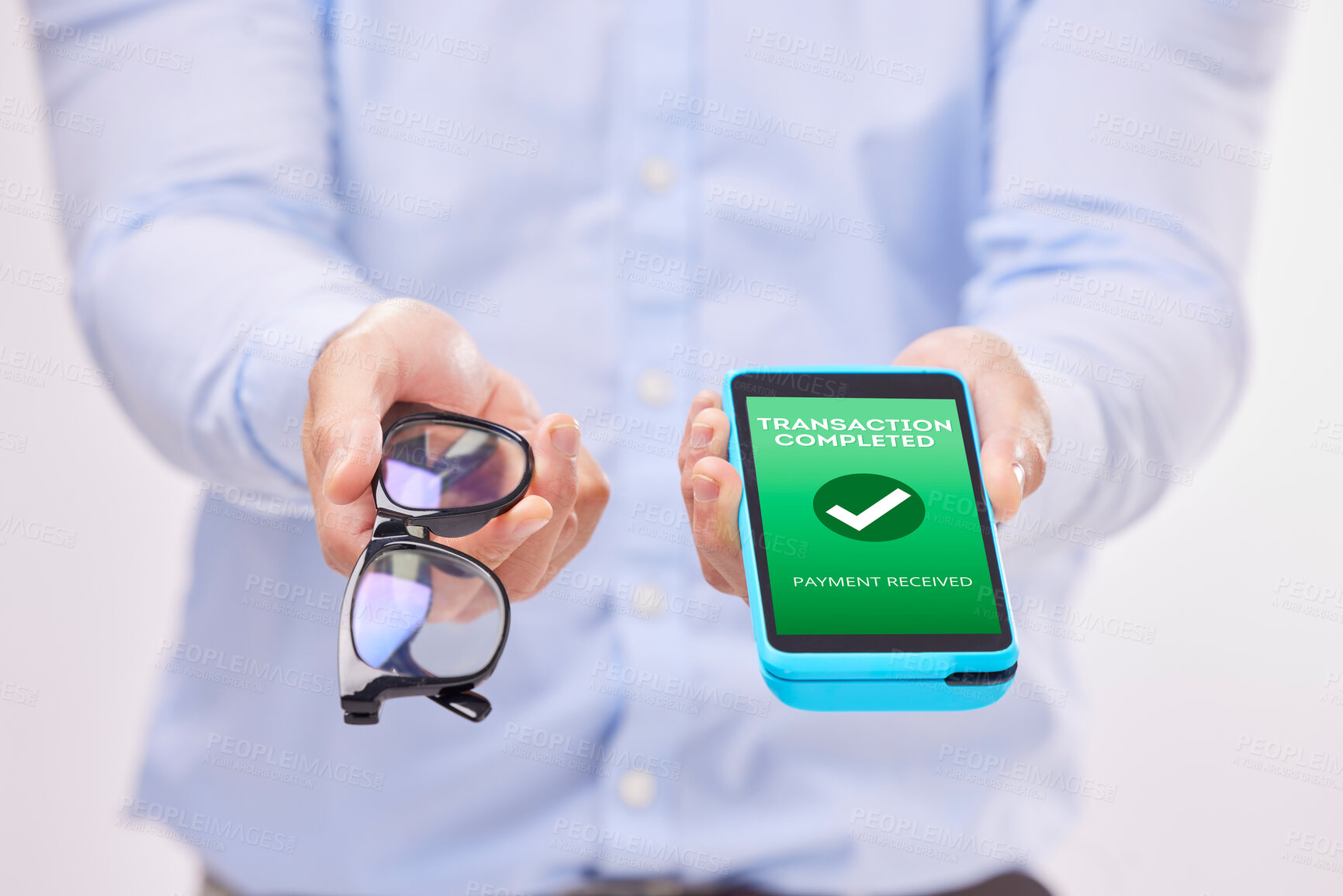 Buy stock photo Man, hands and phone with transaction approval or glasses for ecommerce or purchase against a white studio background. Hand of male holding spectacles and mobile smartphone for electronic payment