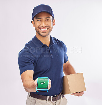 Buy stock photo Payment, happy and a portrait of a man doing a delivery isolated on a white background in a studio. Retail, ecommerce and an Asian courier with a card machine for a package, box and shipment