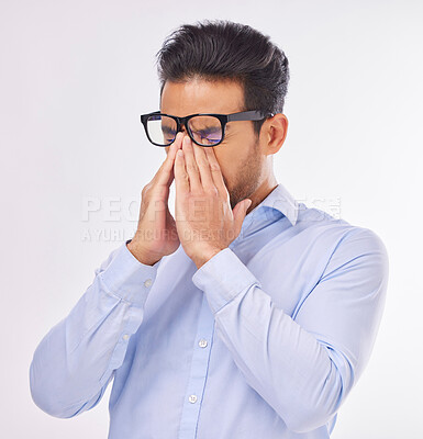 Buy stock photo Headache, stress and frustrated business man feeling sick, ill and pain isolated in a studio white background. Employee, sad and professional worker suffering with a migraine due to fatigue