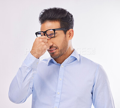 Buy stock photo Headache, migraine and businessman stress pain, ill and sick or overworked isolated in a studio white background. Employee, sad and professional worker suffering from burnout and fatigue