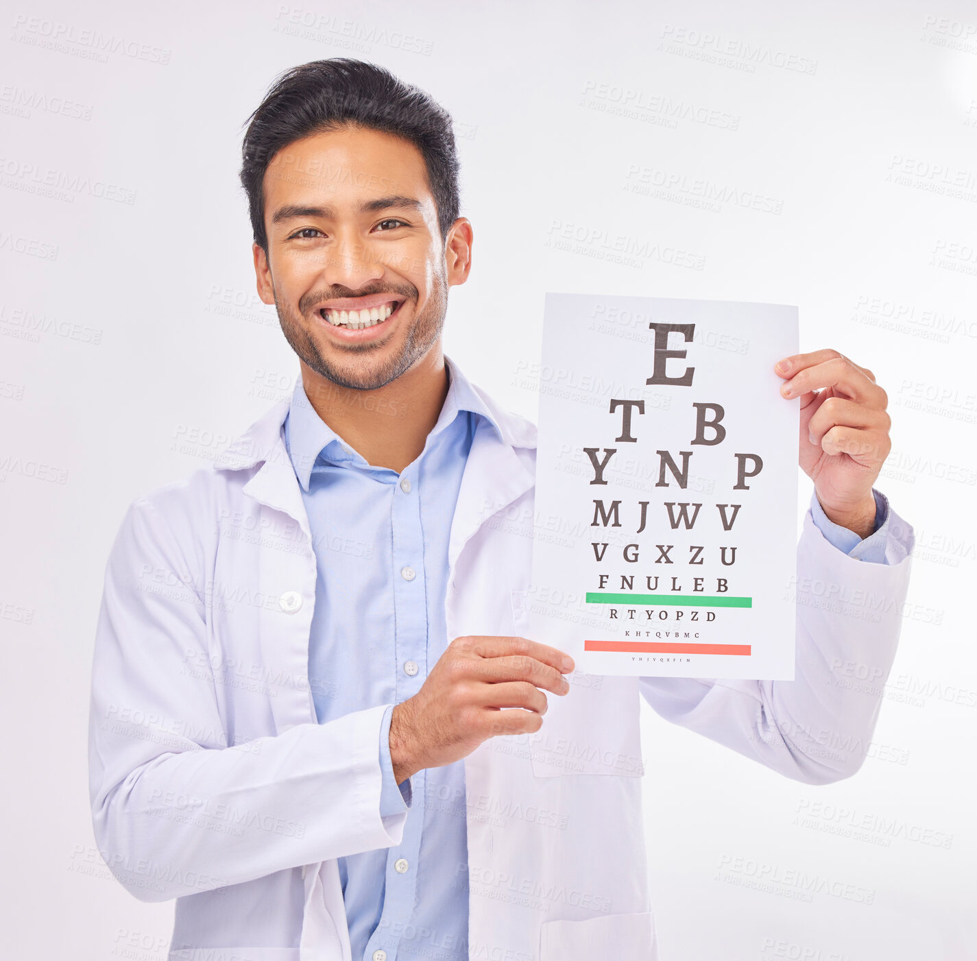 Buy stock photo Man, eye exam and smile, portrait of doctor at vision clinic, reading assessment and eyesight care in India. Healthcare, wellness and happy optometrist with medical test for eyes, health and sight.