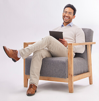 Buy stock photo Business man on armchair isolated on a white background happy therapist portrait, career mindset and work on tablet. Asian professional person or psychologist relax on chair, digital tech and studio