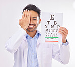 Portrait of man, doctor and eye test with smile in vision clinic, hand on face and eyesight care in India. Healthcare, wellness and happy expert optician with reading exam for eyes, health and sight.