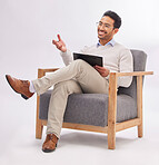 Asian man, therapist and chair with clipboard in session isolated against a white studio background. Happy male psychologist or consultant in therapy, counseling or mental health solution on mockup
