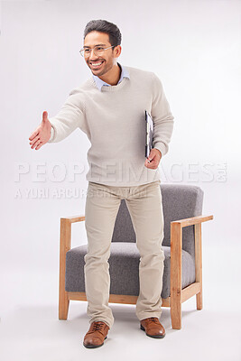 Buy stock photo Handshake offer of professional man isolated on a white background, welcome meeting or psychologist client hello. Asian person or therapist shake hands in deal or introduction with armchair in studio