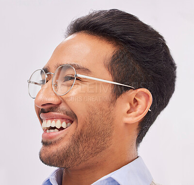 Buy stock photo Face, glasses and vision of happy man with a smile and new frames, eyewear and spectacles isolated in a studio white background. Head, optometry and excited young male person for eyecare