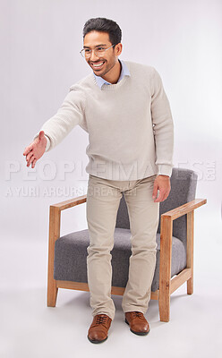 Buy stock photo Handshake offer of business man isolated on a white background for welcome meeting or psychologist client hello. Asian person or therapist shake hands for deal or introduction with armchair in studio